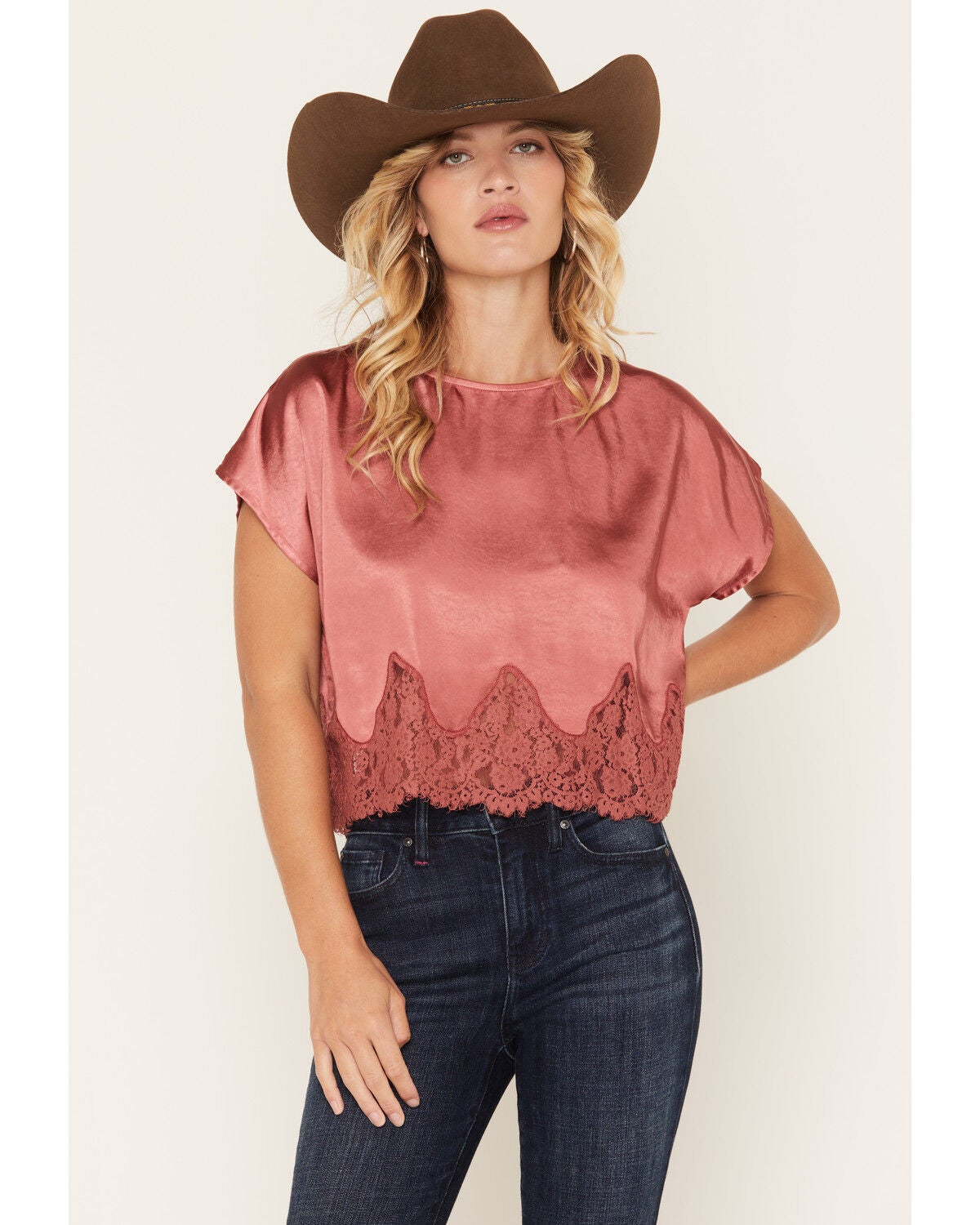By Together Women's Solid Satin Lace Trim Short Sleeve Shirt, Red, hi-res