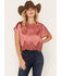 Image #1 - By Together Women's Solid Satin Lace Trim Short Sleeve Shirt, Red, hi-res