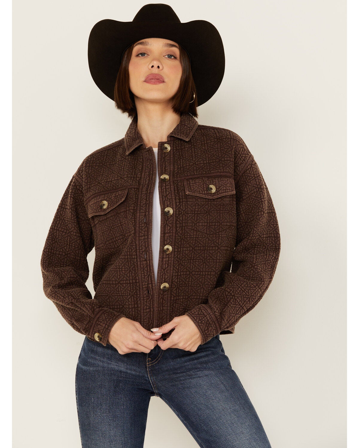 Cleo + Wolf Women's Adam Quilted Button-Down Shacket, Chocolate, hi-res