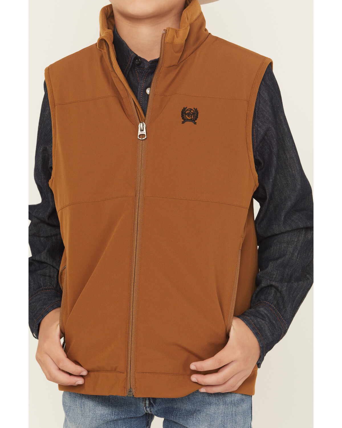 Image #3 - Cinch Boys' Quilted Canvas Embroidered Vest, Brown, hi-res