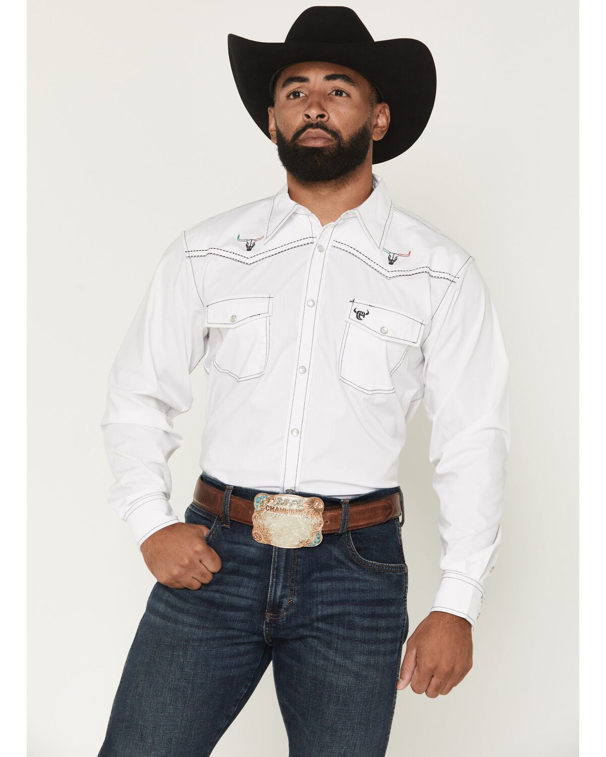 Image #1 - Cowboy Hardware Men's Hecho En Mexico Long Sleeve Snap Stretch Western Shirt, White, hi-res