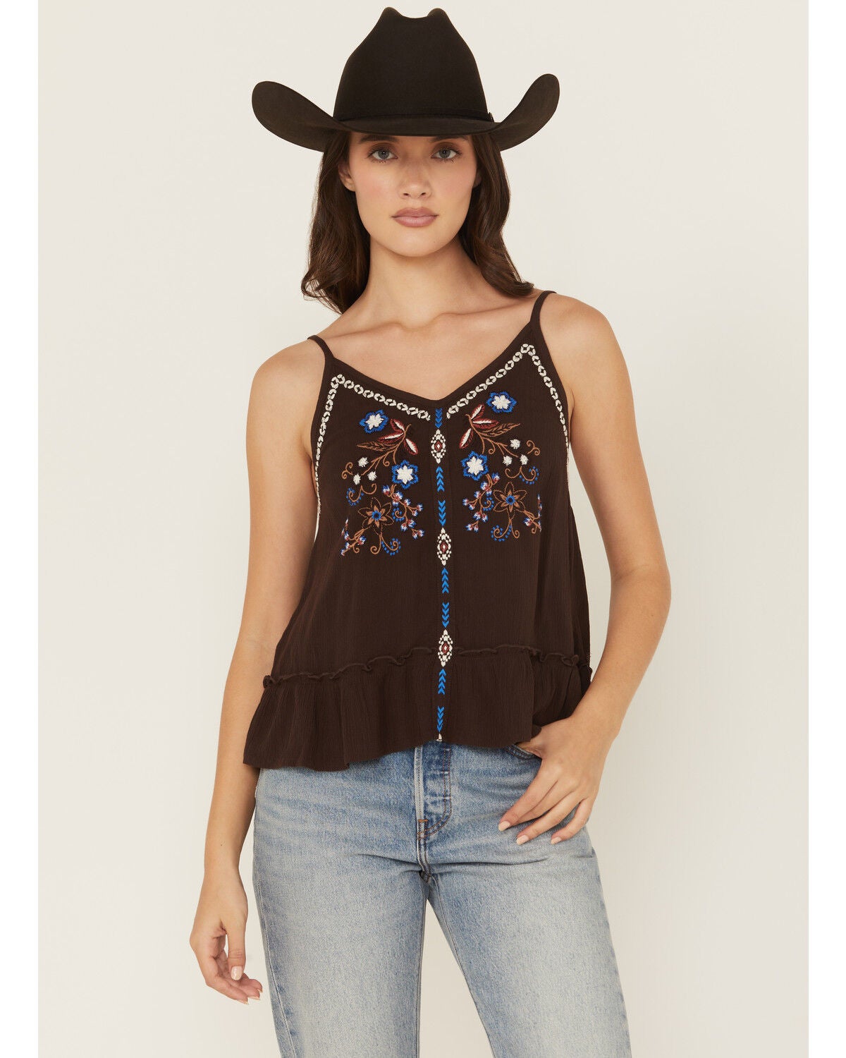 Shyanne Women's Embroidered Cami, Dark Brown, hi-res