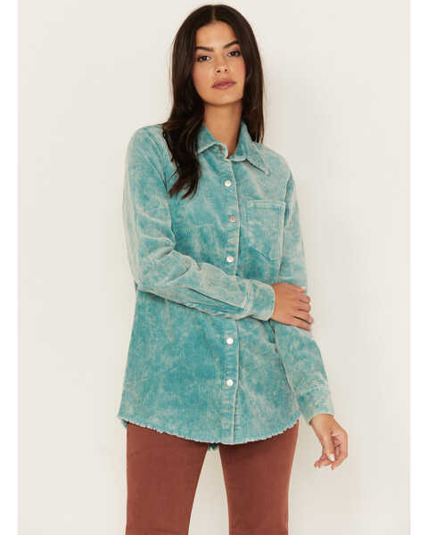 Rock & Roll Denim Women's Corduroy Long Sleeve Snap Shirt, Turquoise, hi-res