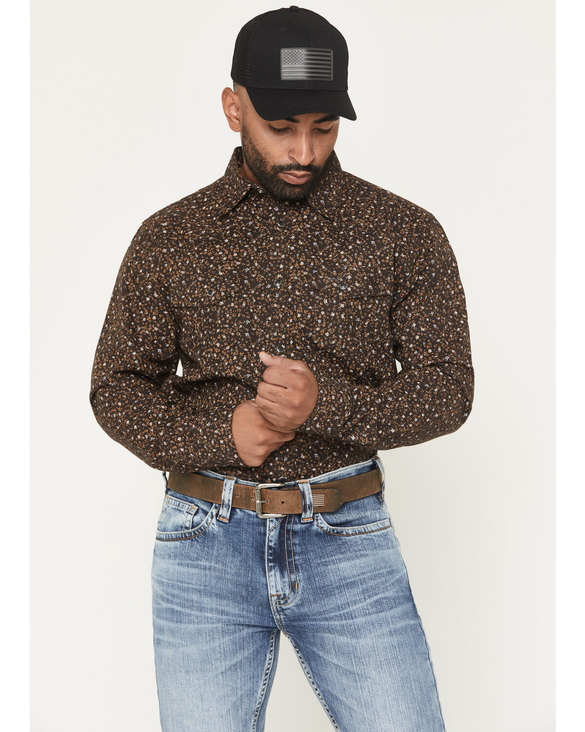 Image #1 - Cody James Men's FR Milkweed Printed Long Sleeve Stretch Work Shirt, Dark Brown, hi-res