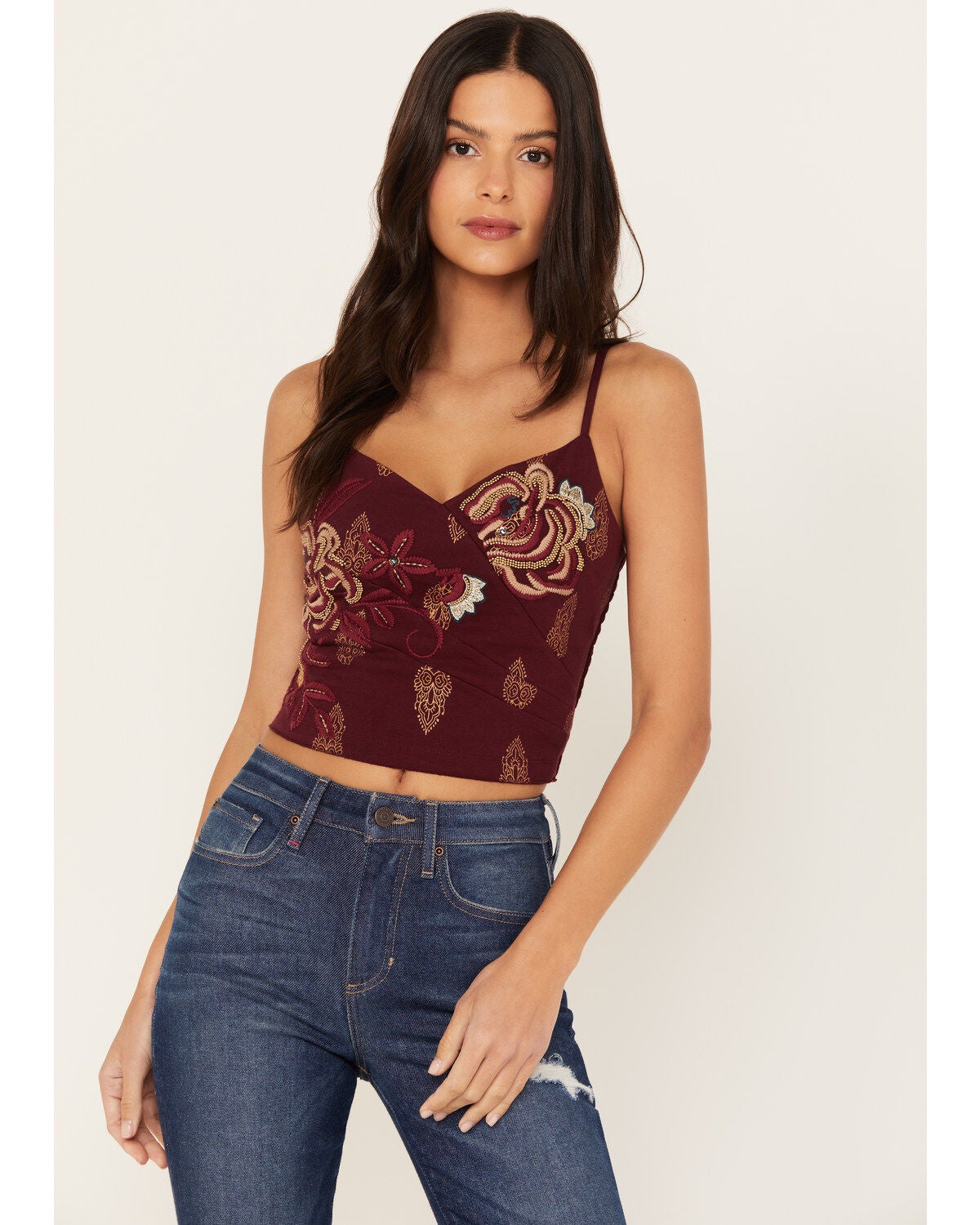 Idyllwind Women's Jessamine Embroidered Smocked Back Crop Top, Maroon, hi-res