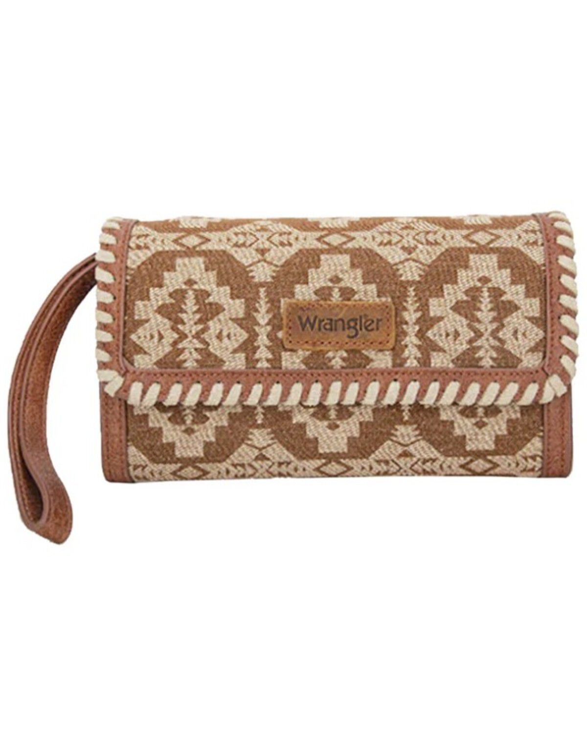 Wrangler Women's Southwestern Whipstitch Wristlet Wallet, Brown, hi-res