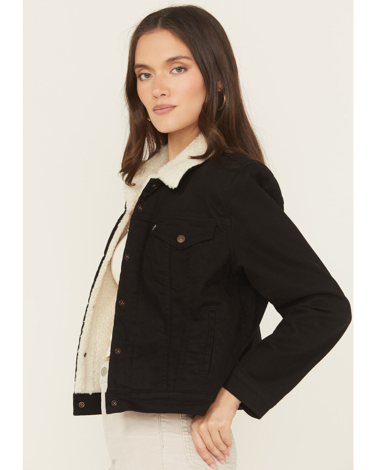 Image #2 - Levi's Women's Original Sherpa Lined Snap Trucker Denim Jacket, Black, hi-res