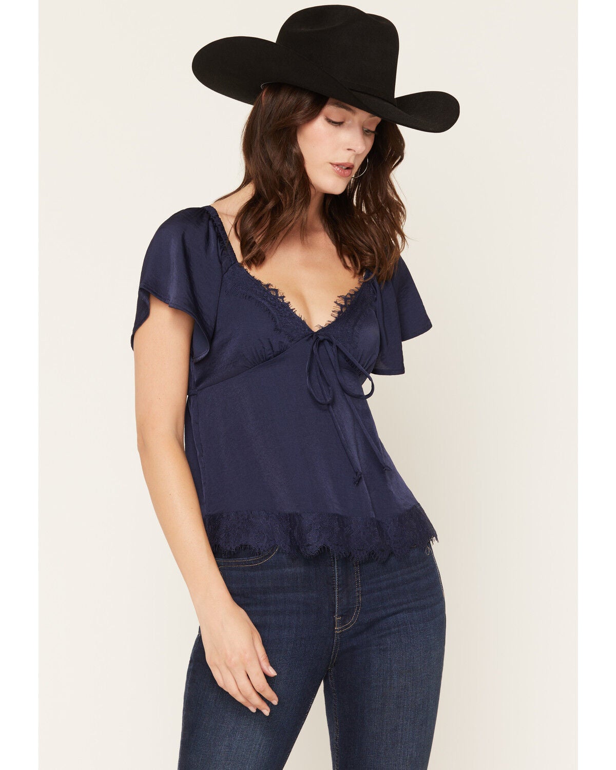 Wild Moss Women's Lace Trim Short Sleeve Top, Navy, hi-res
