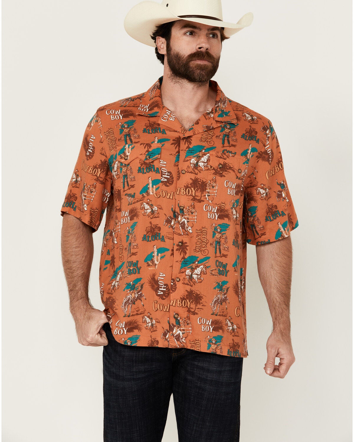 Wrangler Men's Conversation Print Short Sleeve Snap Western Shirt, Orange, hi-res