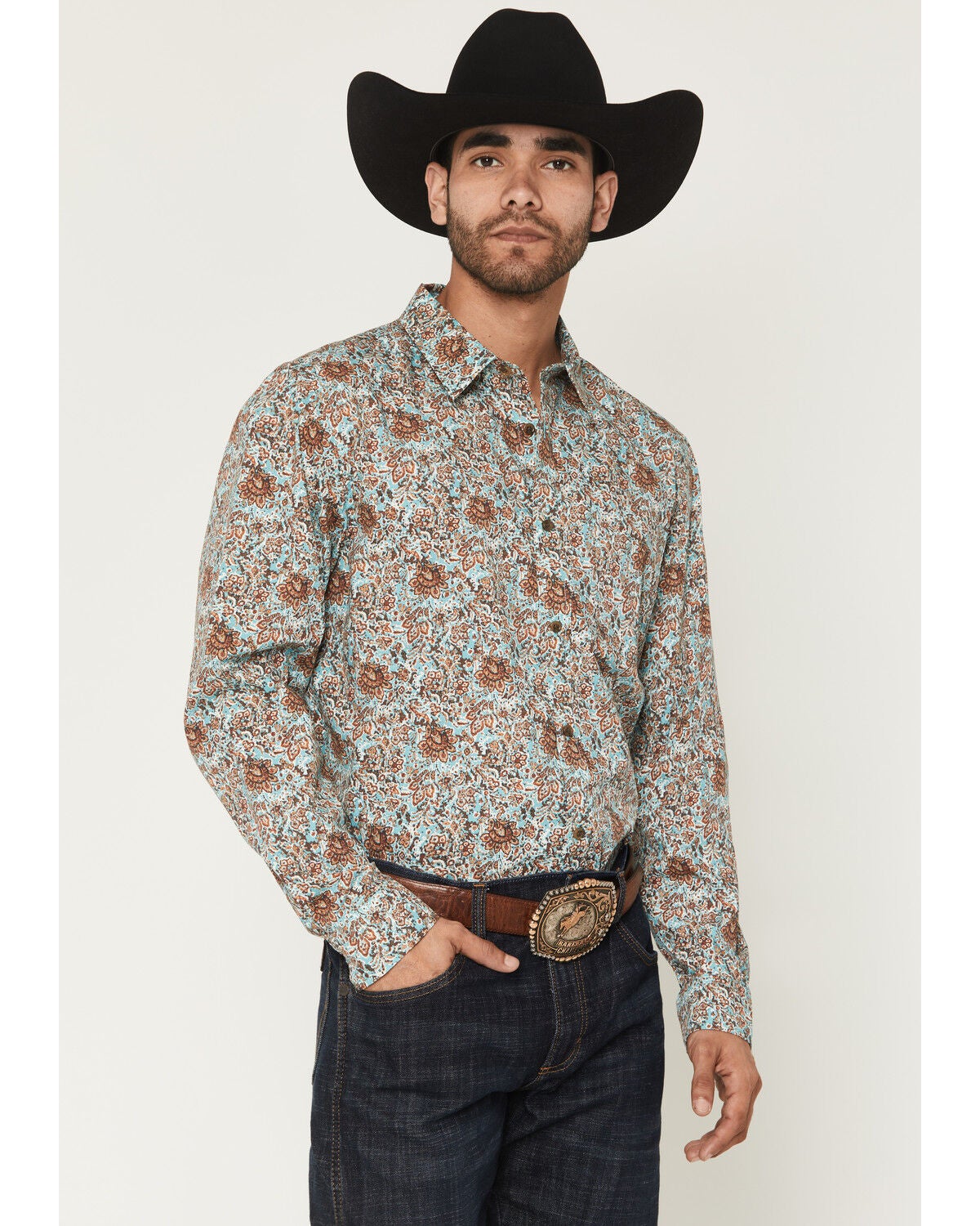 Gibson Trading Co Men's Retro King Floral Print Long Sleeve Button-Down Western Shirt, Light Blue, hi-res