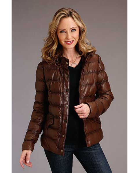 Stetson Women's Antique Snap-Front Quilted Leather Jacket, Brown, hi-res
