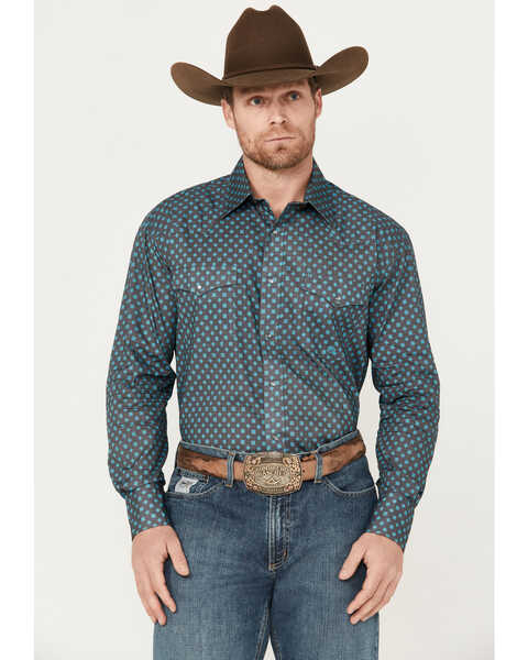 Roper Men's Amarillo Geo Print Long Sleeve Pearl Snap Western Shirt, Dark Grey, hi-res