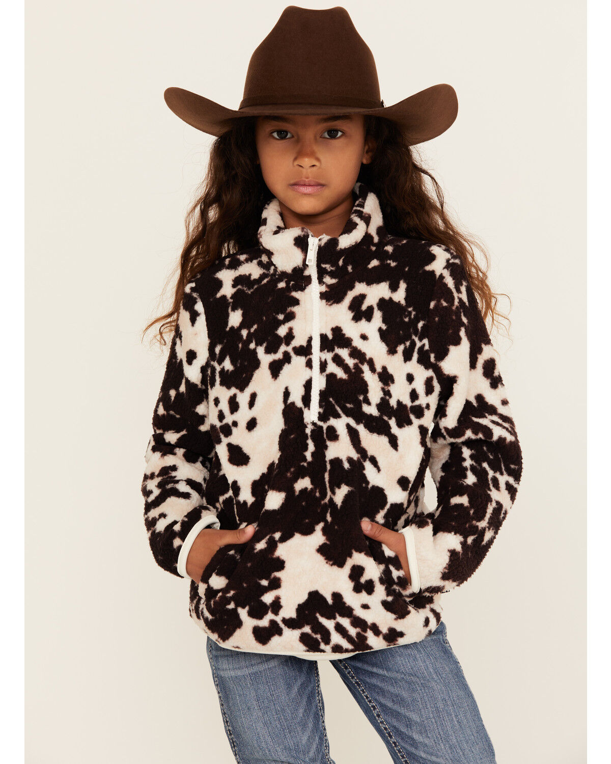 Image #1 - Wrangler Girls' Cow Print Sherpa Pullover, Brown, hi-res
