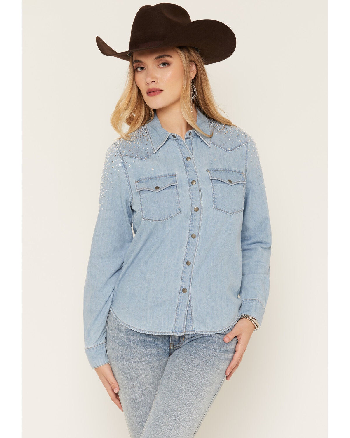 Image #4 - Idyllwind Women's Camden Rhinestone Long Sleeve Snap Western Shirt, Medium Wash, hi-res