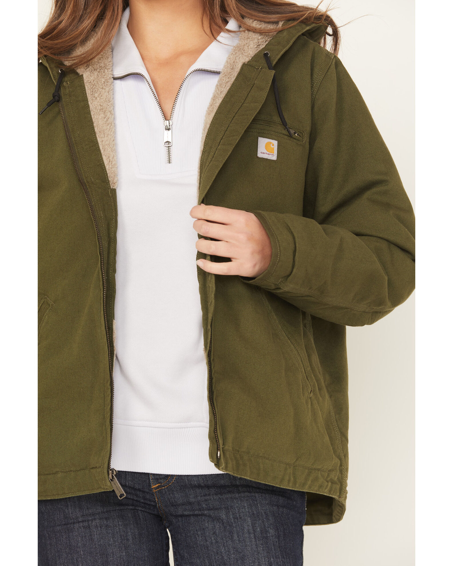 Image #3 - Carhartt Women's Heather Basil Washed Duck Sherpa-Lined Zip-Front Hooded Work Jacket, Green, hi-res
