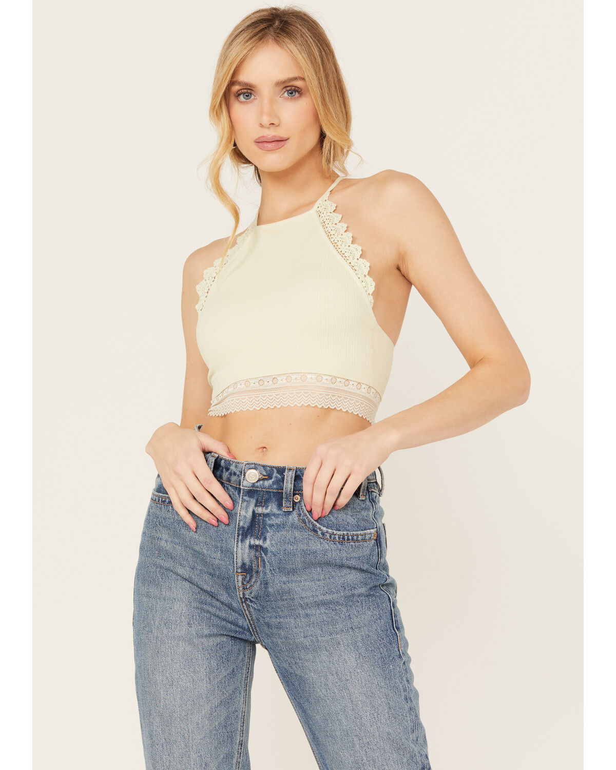 Image #2 - Fornia Women's Halter Lace Trim Bralette, Mint, hi-res