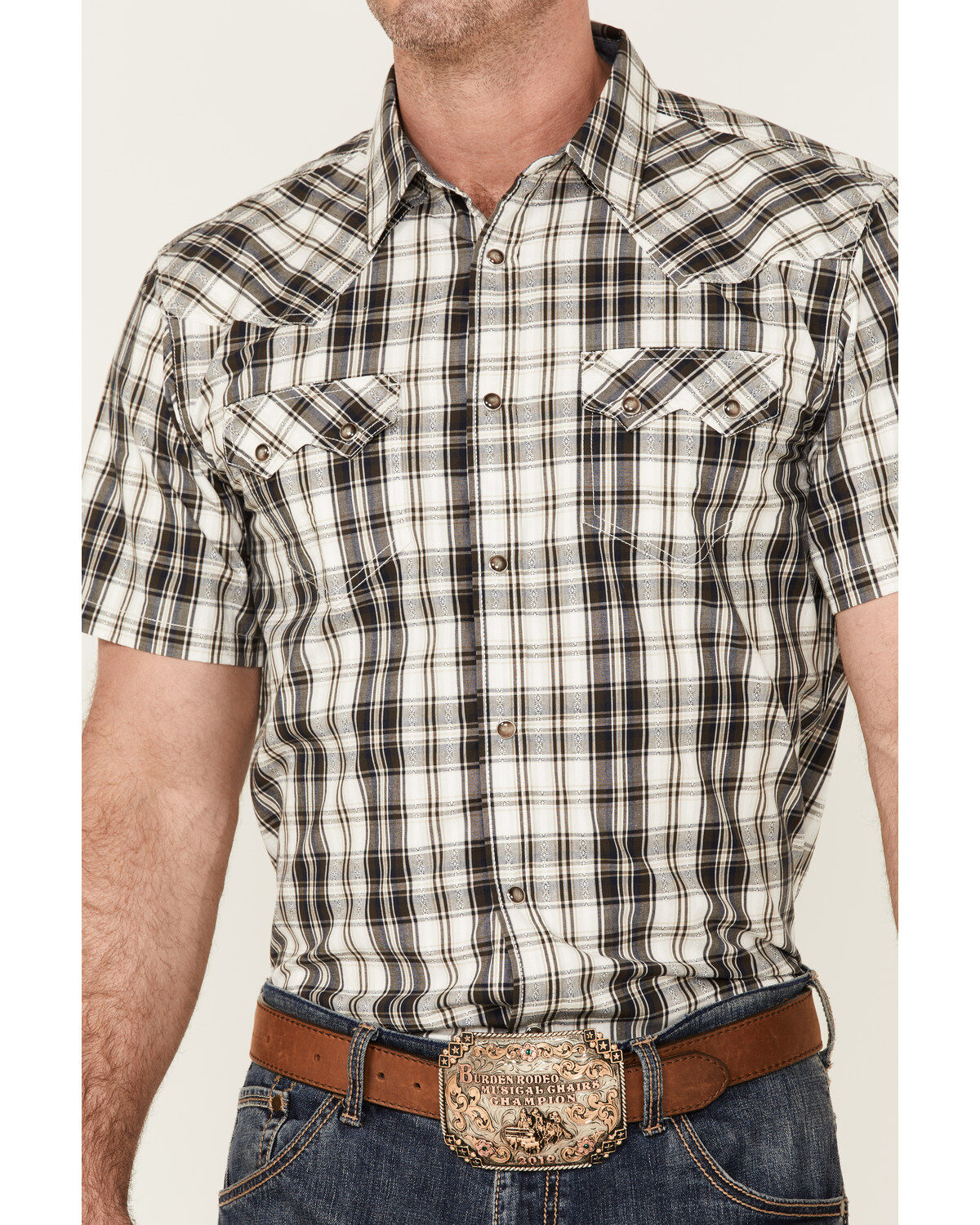 Image #3 - Cody James Men's Statement Dobby Plaid Short Sleeve Snap Western Shirt, White, hi-res