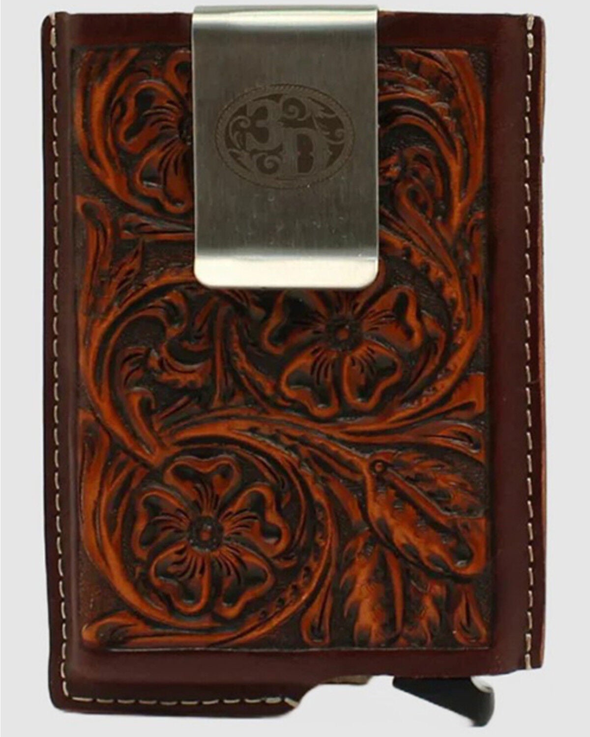 3D Men's Tooled Leather Wallet, Brown, hi-res