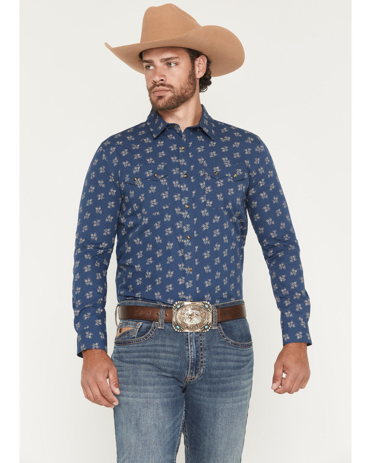 Panhandle Slim Men's Vintage Floral Print Long Sleeve Snap Western Shirt, Blue, hi-res