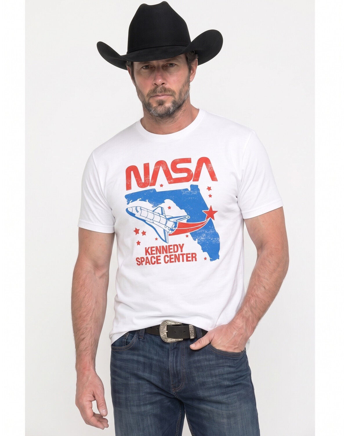 Image #1 - Americana Men's NASA Kennedy Shuttle Flight Short Sleeve Graphic T-Shirt, White, hi-res