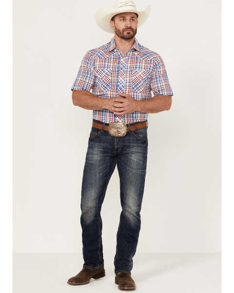 Image #2 - Roper Men's Red White & Blue Large Plaid Short Sleeve Pearl Snap Western Shirt , Red, hi-res