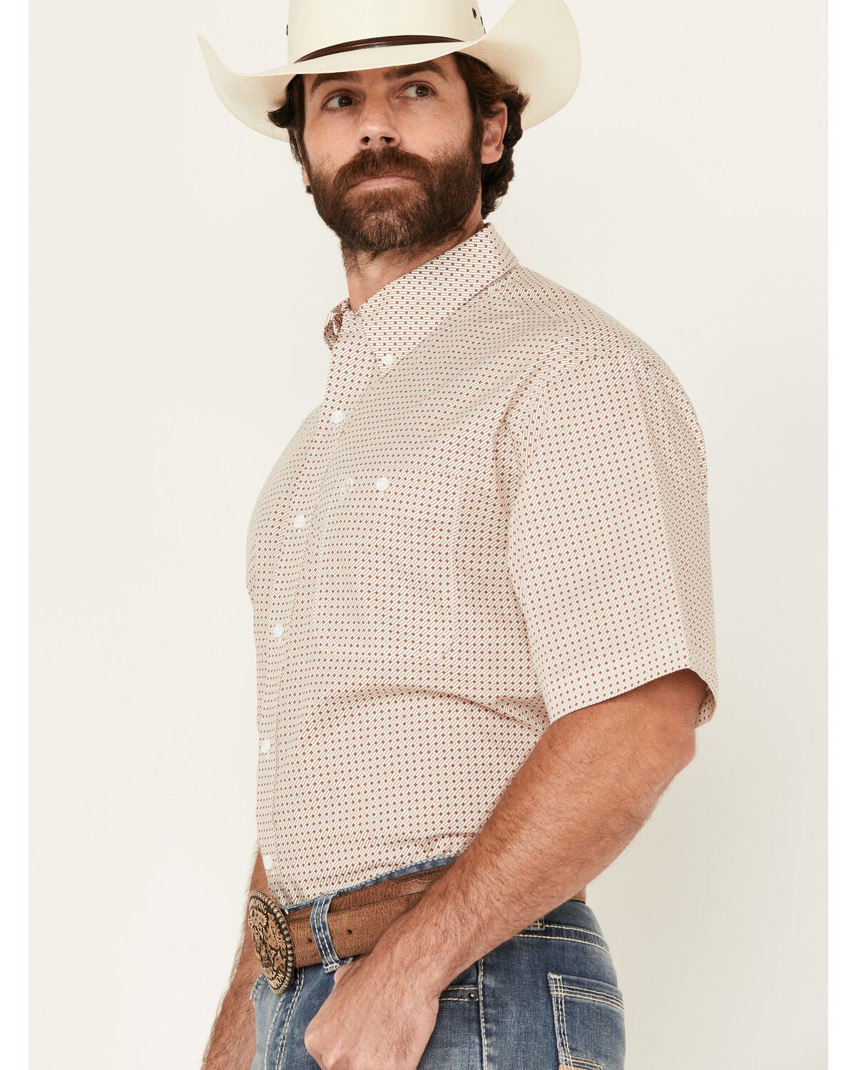 George Strait by Wrangler Men's Geo Print Short Sleeve Stretch Western Shirt, White, hi-res