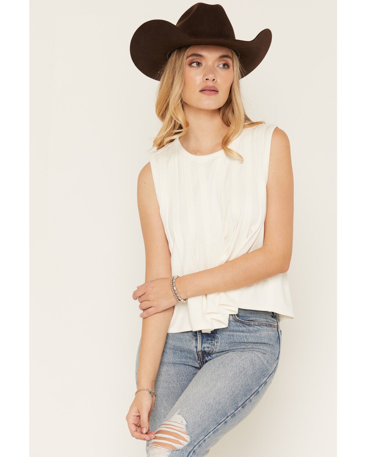 By Together Women's Solid Pin Tuck Sleeveless Tank Top, Cream, hi-res