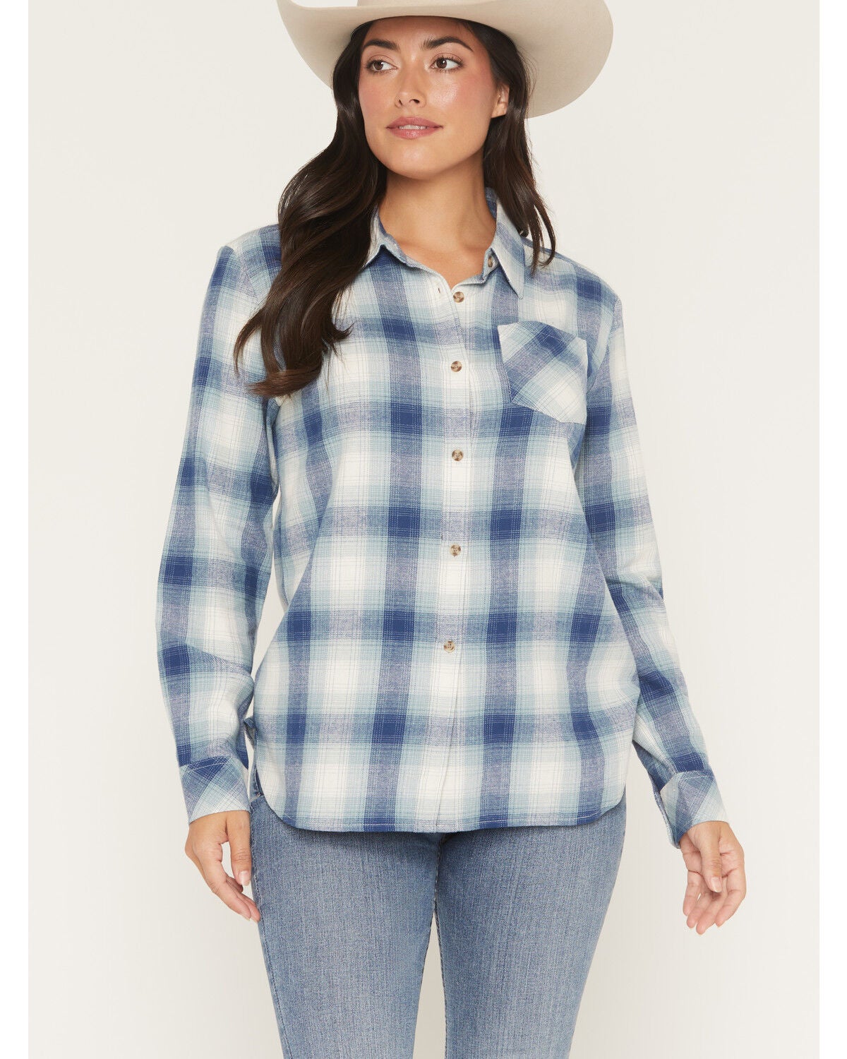 Shyanne Women's Junction Plaid Print Long Sleeve Button-Down Flannel Shirt, Navy, hi-res