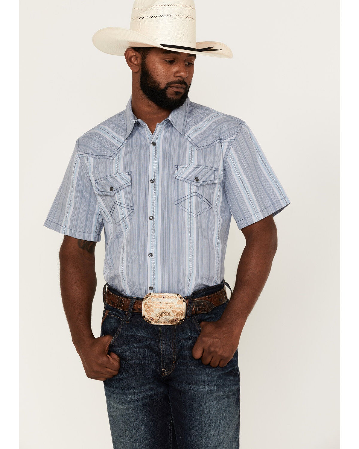 Cody James Men's Springs Vertical Stripe Short Sleeve Snap Western Shirt, Blue, hi-res