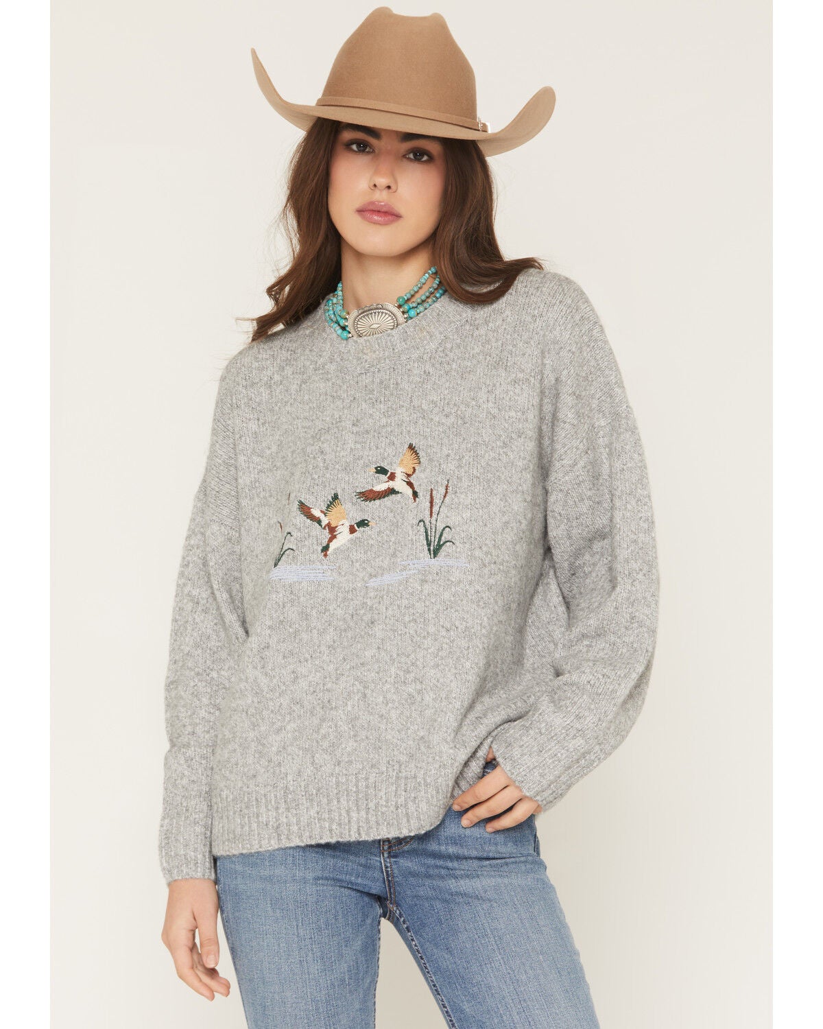 Image #1 - Bailey Rose Women's Embroidered Duck Sweater, Grey, hi-res