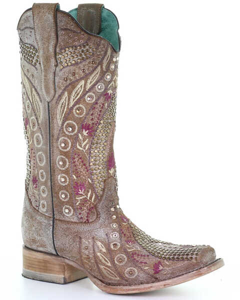 Corral Women's Flowered Embroidery Western Boots - Square Toe, Taupe, hi-res