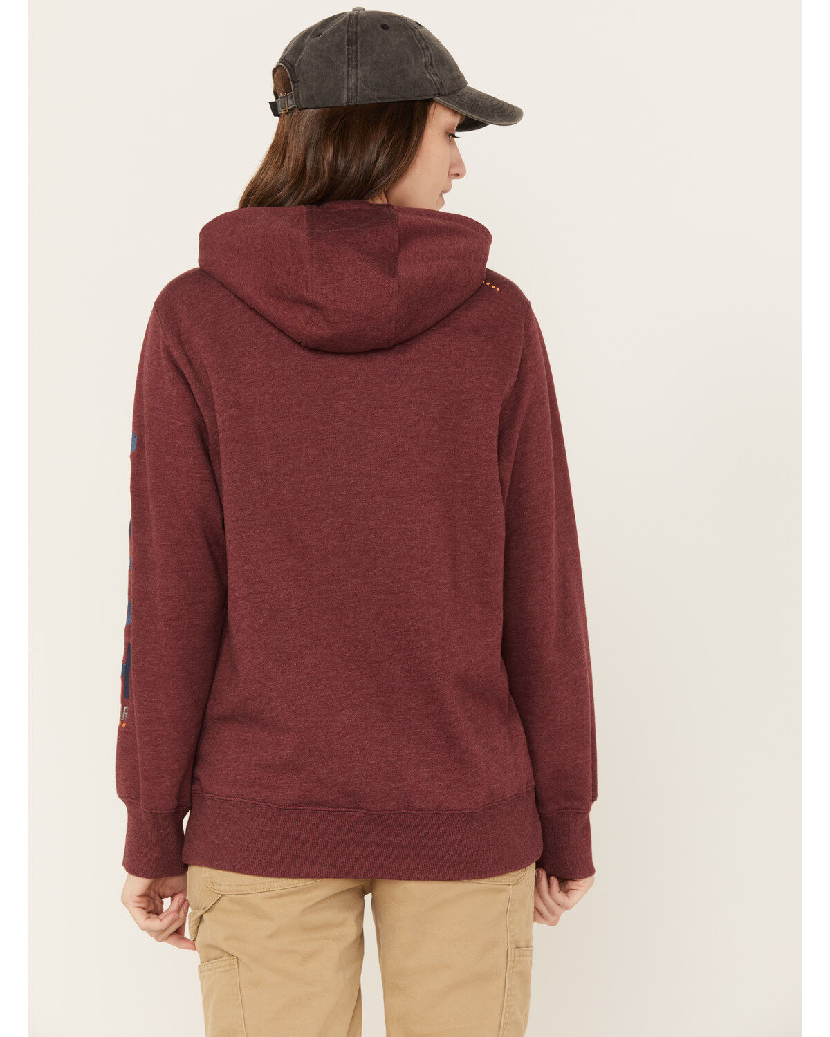 Image #4 - Ariat Women's Rebar Logo Sleeve Graphic Work Hooded Sweatshirt, Heather Red, hi-res