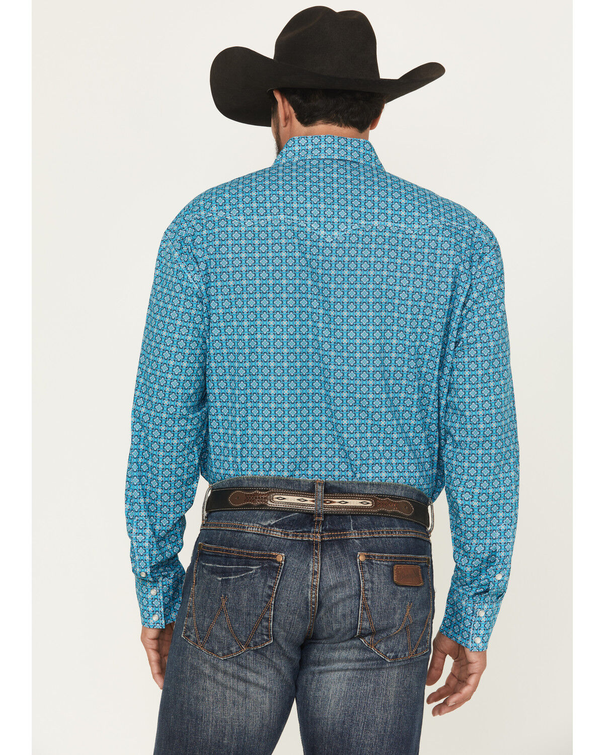 Image #4 - Roper Men's Amarillo Geo Print Long Sleeve Pearl Snap Western Shirt, Teal, hi-res