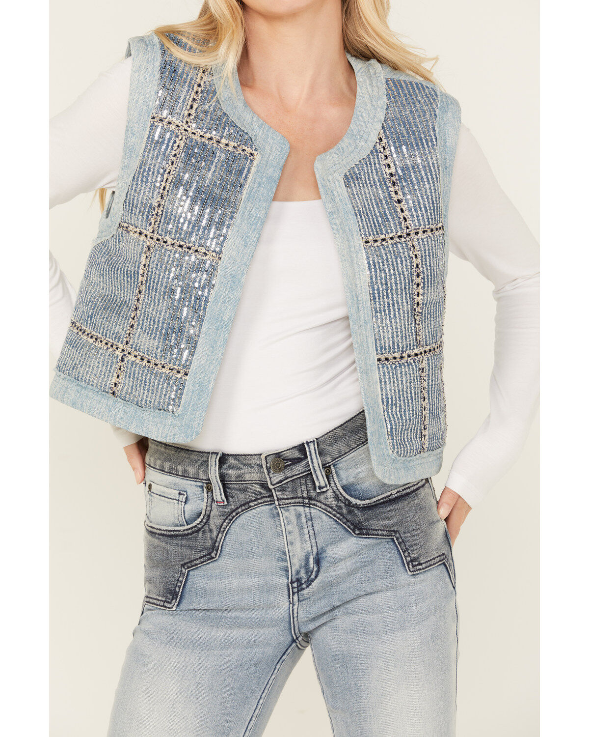 Image #2 - Miss Me Women's Denim Sequins Plaid Vest, Medium Blue, hi-res