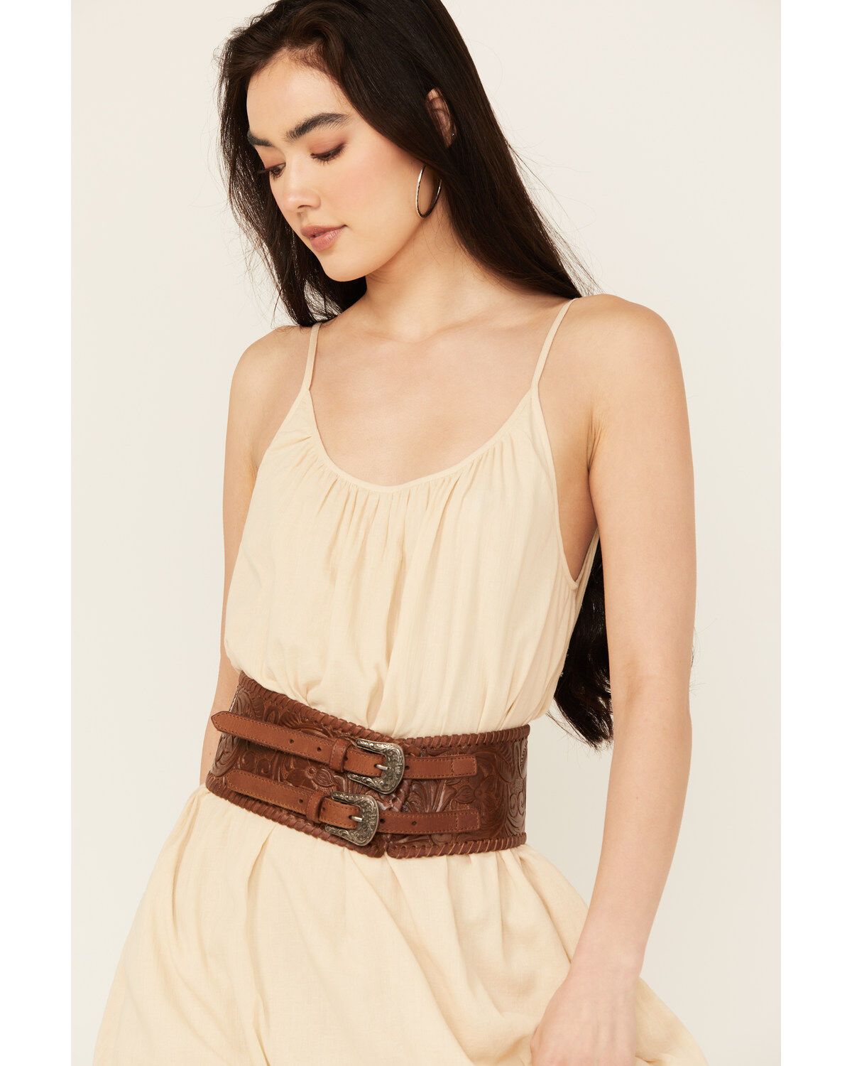 Image #1 - Shyanne Women's Tooled Floral Double Buckle Wide Waist Belt, , hi-res