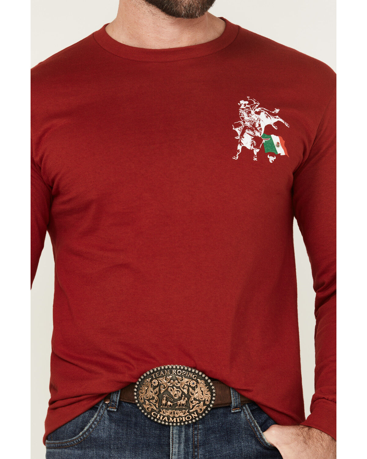 Image #4 - Cowboy Hardware Men's Boot Barn Exclusive Mexico Flag Bulk Long Sleeve Graphic T-Shirt, Burgundy, hi-res