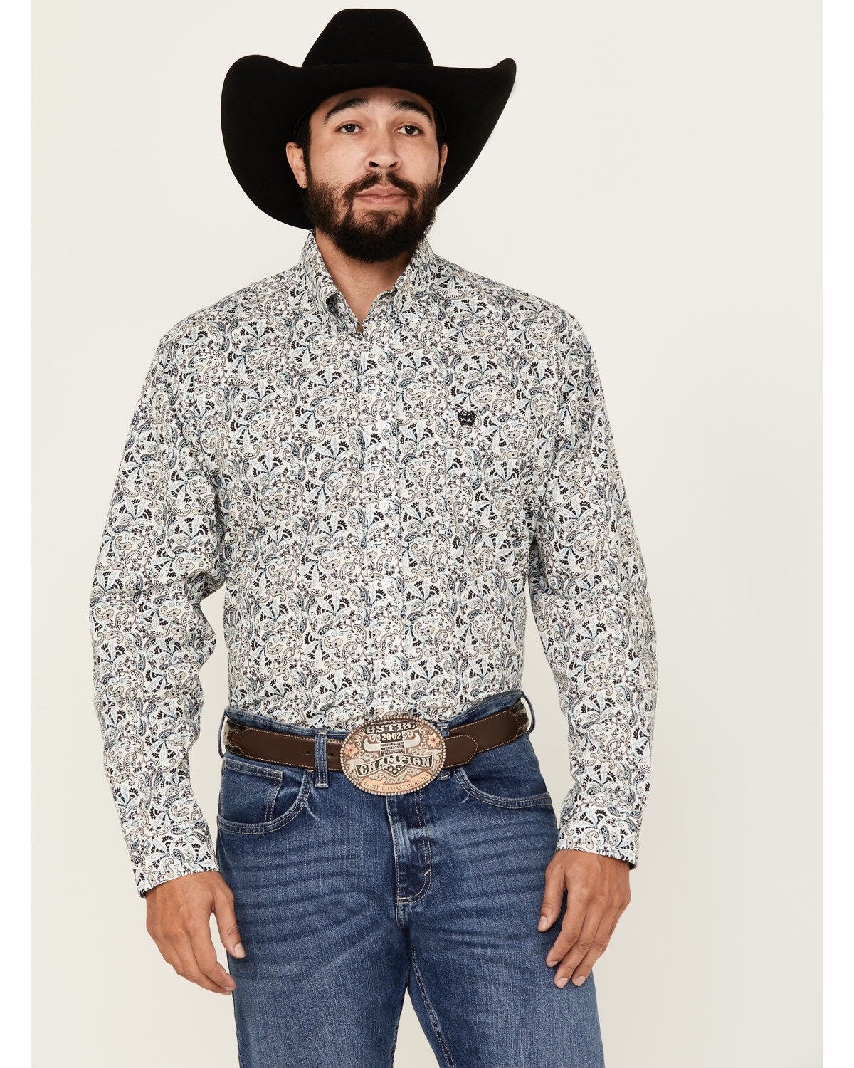 Cinch Men's Paisley Print Long Sleeve Button-Down Western Shirt, White, hi-res