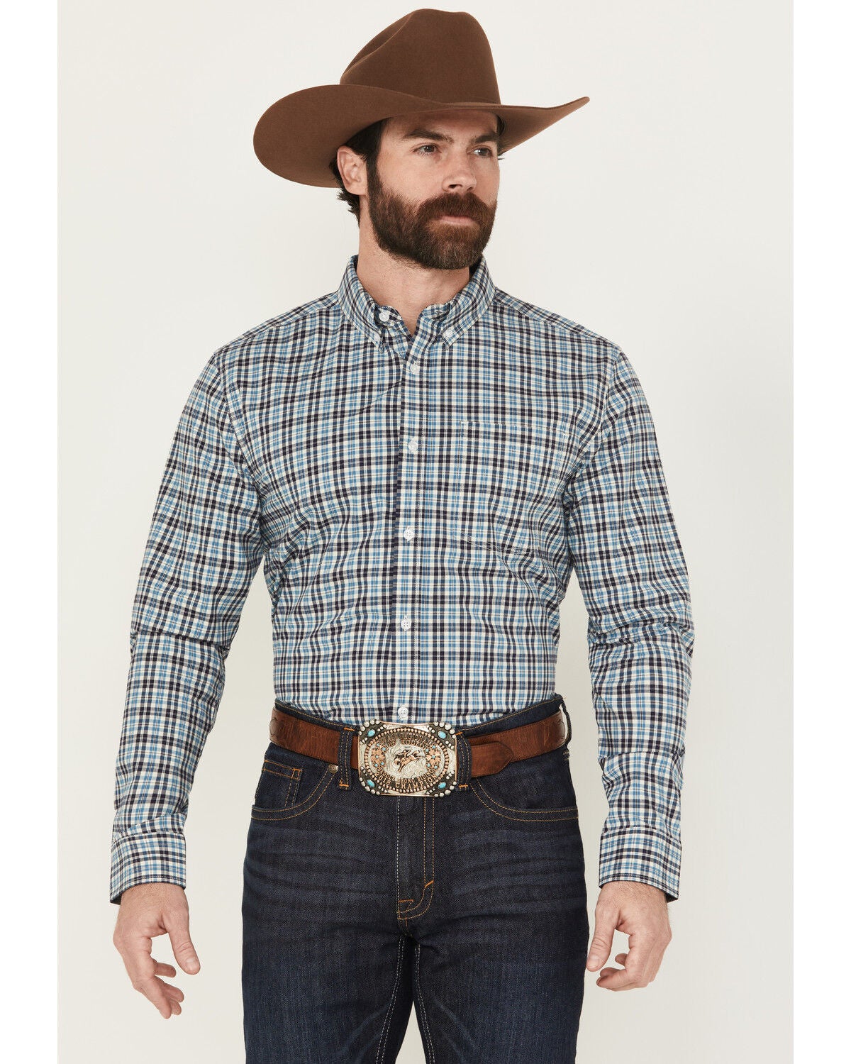 Cody James Men's Bob Plaid Print Long Sleeve Button-Down Western Shirt, Blue, hi-res