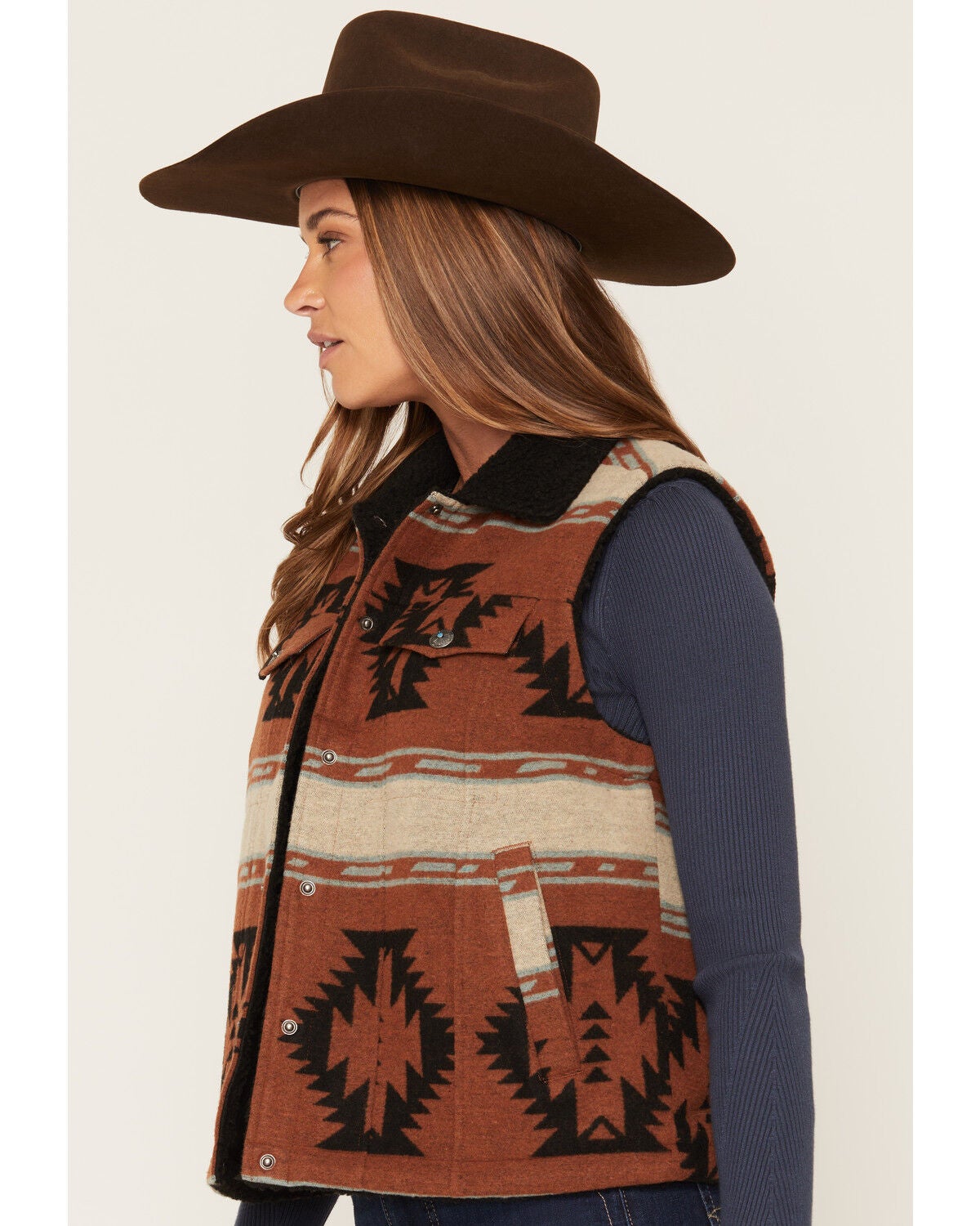 Image #2 - Shyanne Women's Timberline Reversible Southwestern Print Sherpa Lined Blanket Vest, Saddle, hi-res