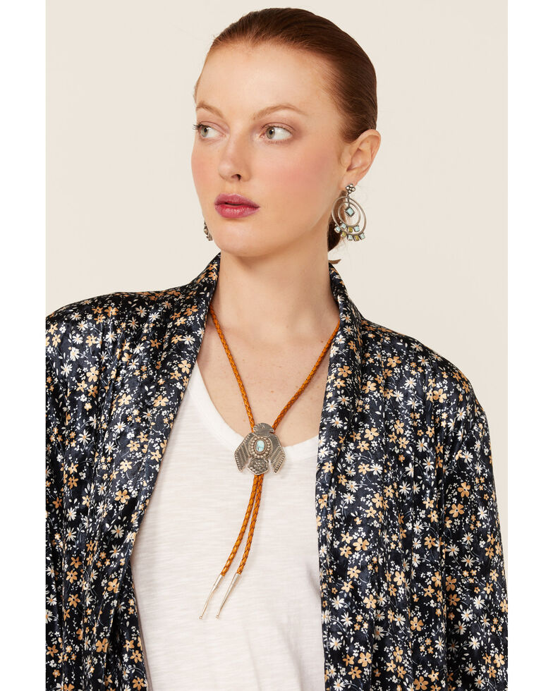 Double D Ranchwear Women's Tan Leather Woven Bolo Tie Necklace, Silver, hi-res