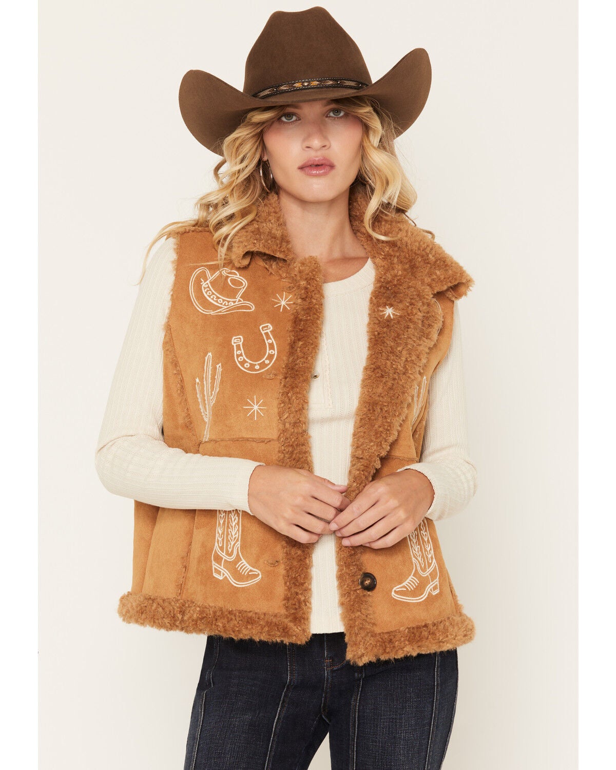 Image #1 - Blue B Women's Embroidered Faux Fur Vest, Camel, hi-res