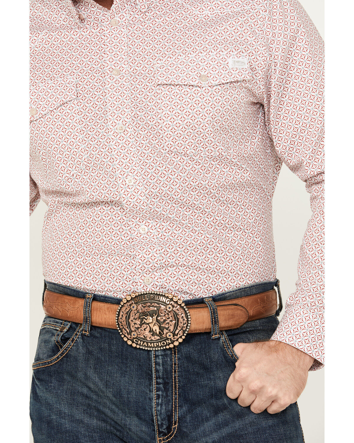 Image #3 - Justin Men's Boot Barn Exclusive JustFlex Geo Print Long Sleeve Button-Down Western Shirt, Red, hi-res