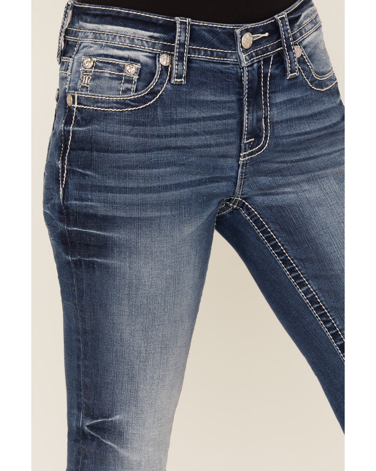 Image #4 - Miss Me Women's Dark Wash Mid Rise Cross Pocket Slim 32" Bootcut Stretch Denim Jeans, Medium Wash, hi-res