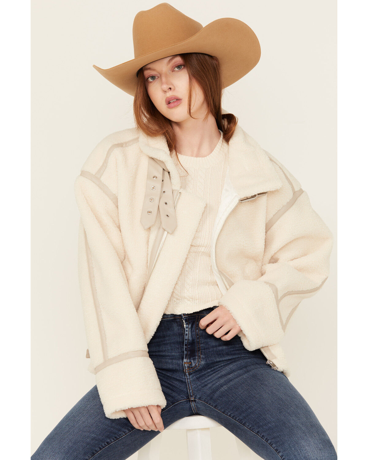Image #1 - Revel Women's Sherpa Trim Moto Jacket, White, hi-res