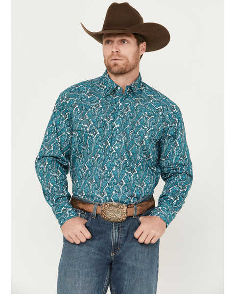 Roper Men's Amarillo Paisley Print Long Sleeve Western Pearl Snap Shirt, Teal, hi-res