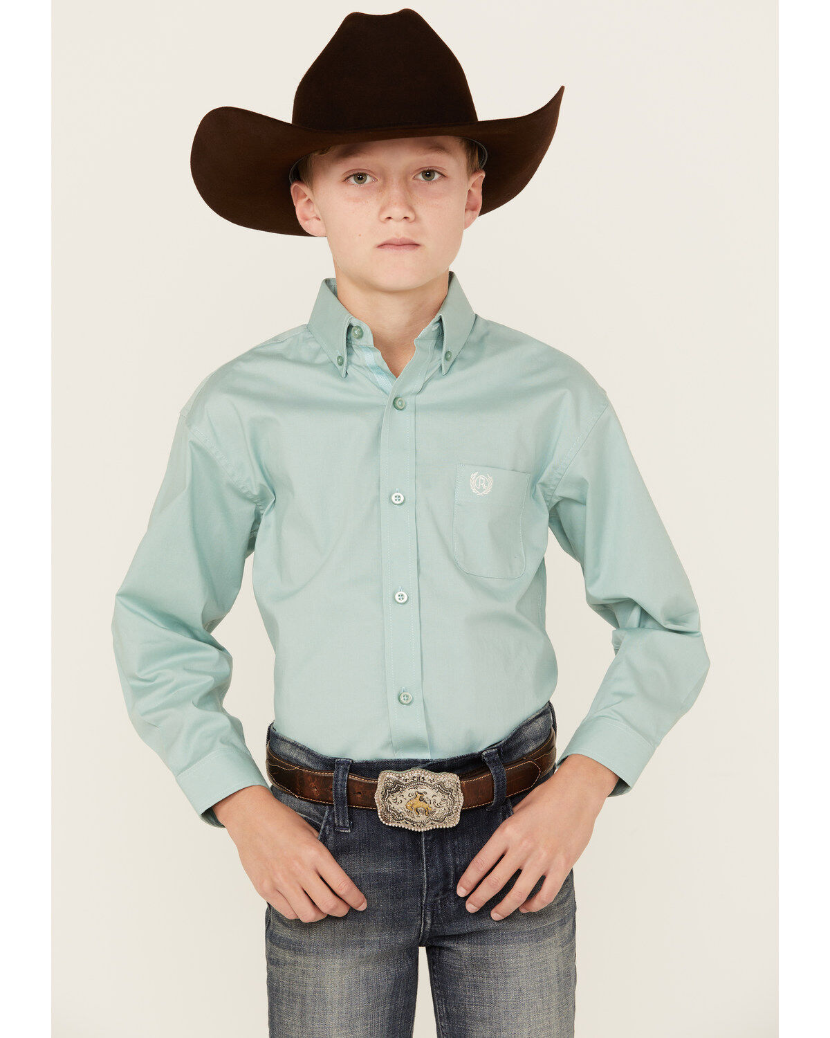 Image #1 - Panhandle Boys' Solid Poplin Long Sleeve Button-Down Western Shirt, Aqua, hi-res
