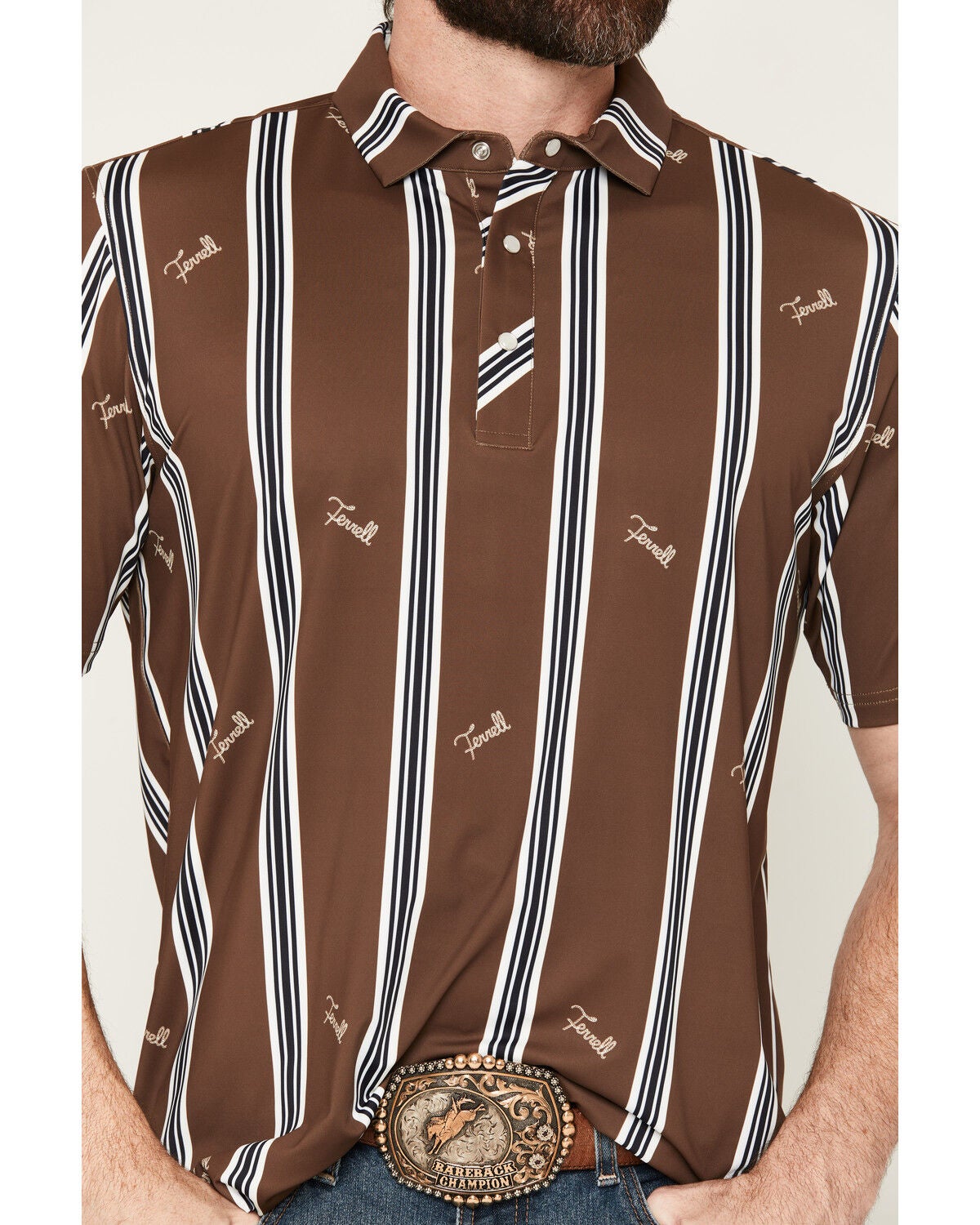 Image #3 - Ferrell Men's Rhett Striped Print Short Sleeve Snap Stretch Polo Shirt, Brown, hi-res