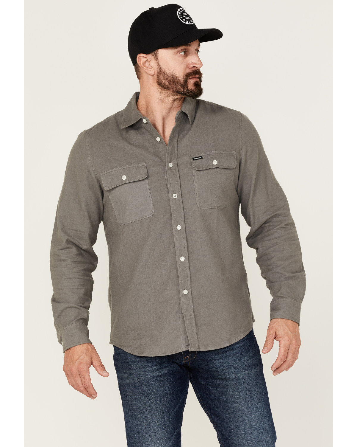 Image #1 - Brixton Men's Bowery Chamois Solid Long Sleeve Button-Down Western Shirt, Grey, hi-res