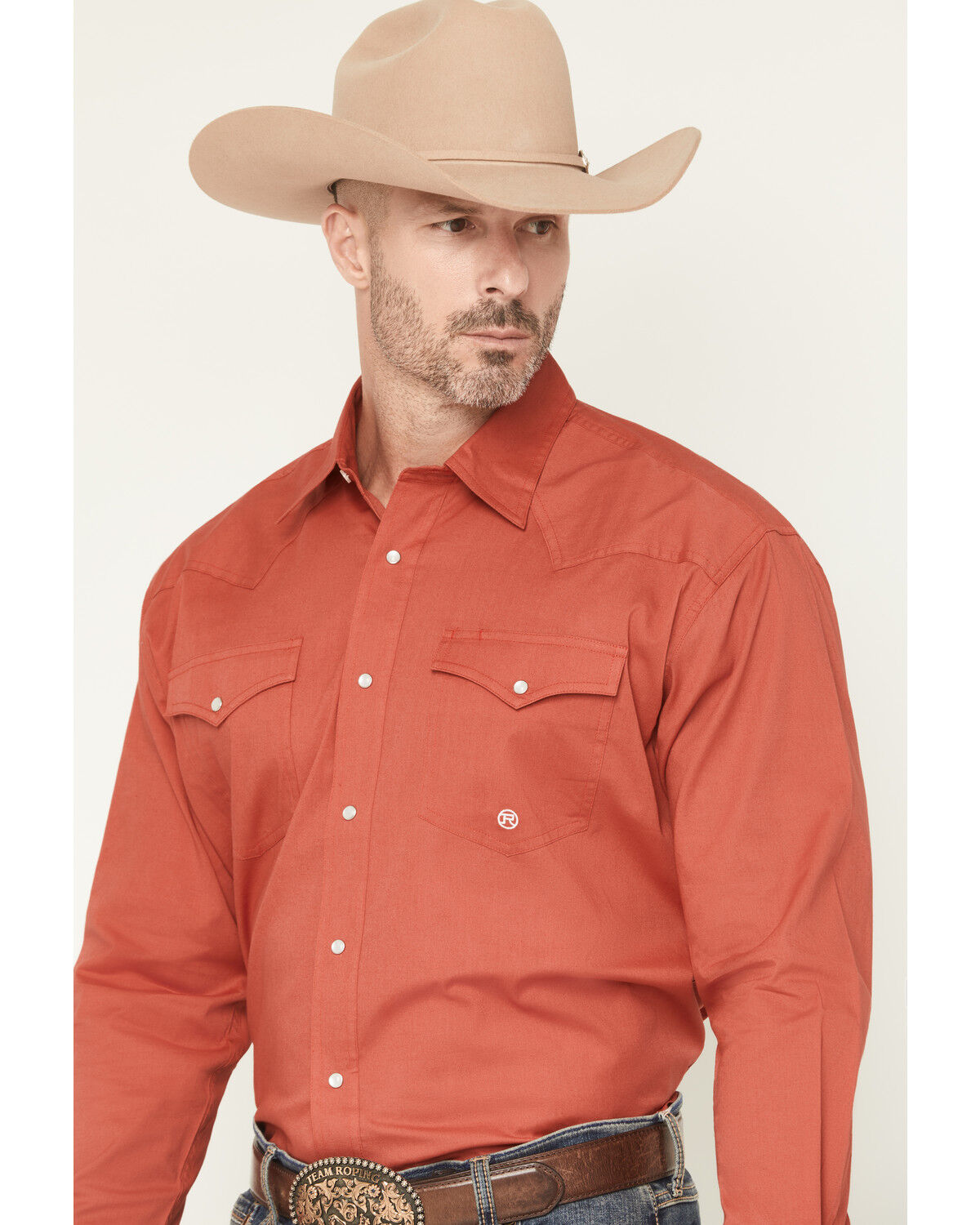 Image #1 - Roper Men's Solid Long Sleeve Snap Stretch Western Shirt, Rust Copper, hi-res