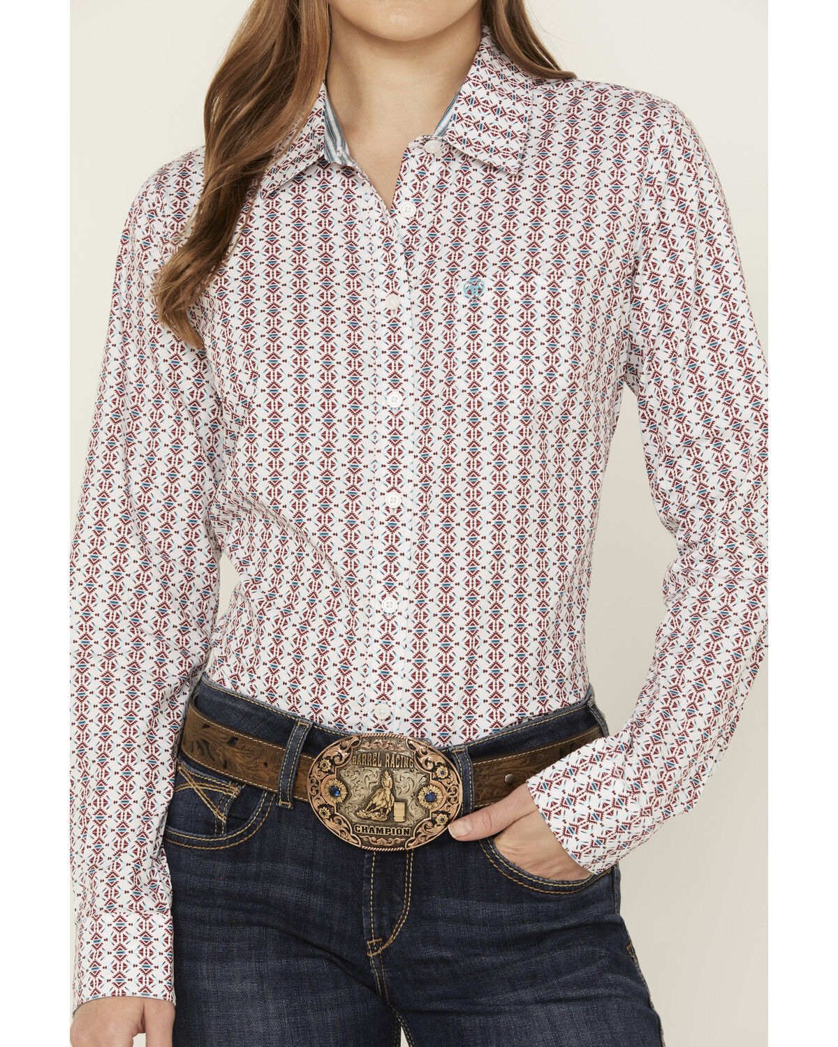Image #3 - Ariat Women's Geo Print Long Sleeve Button-Down Western Shirt, White, hi-res
